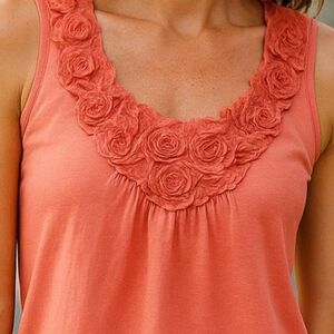 ELLE- Tank Top Blouse With Flowers A long V-Neck Line, Coral Color, Size Small,